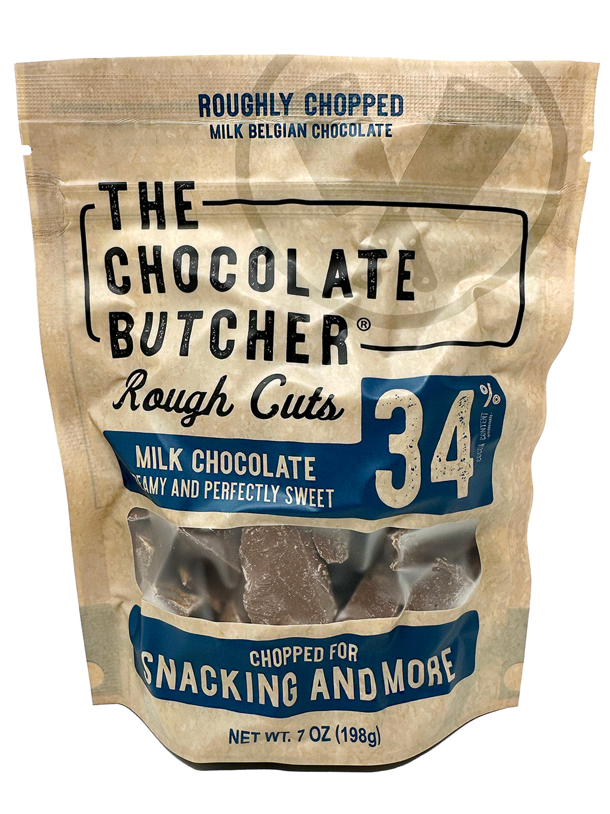 The Chocolate Butcher Belgian Chocolate — Roughly Chopped 34% Milk Chocolate offers creamy, sweet milk chocolate pieces in a 7 oz (198g) pouch, perfect for snacking or entertaining.