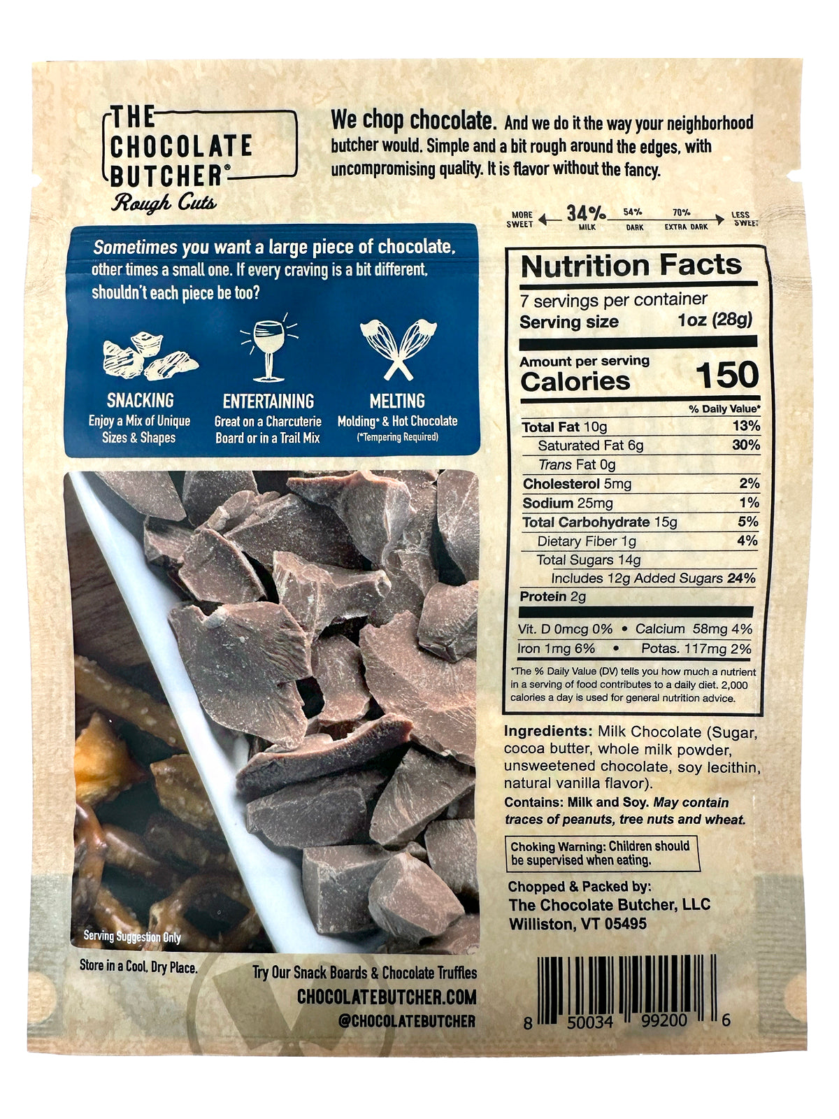 A bag of The Chocolate Butcher Belgian Chocolate — Roughly Chopped 34% Milk Chocolate chunks, ideal for snacking or sharing. The packaging features nutrition facts, serving ideas, chocolate close-ups, plus company and product details.