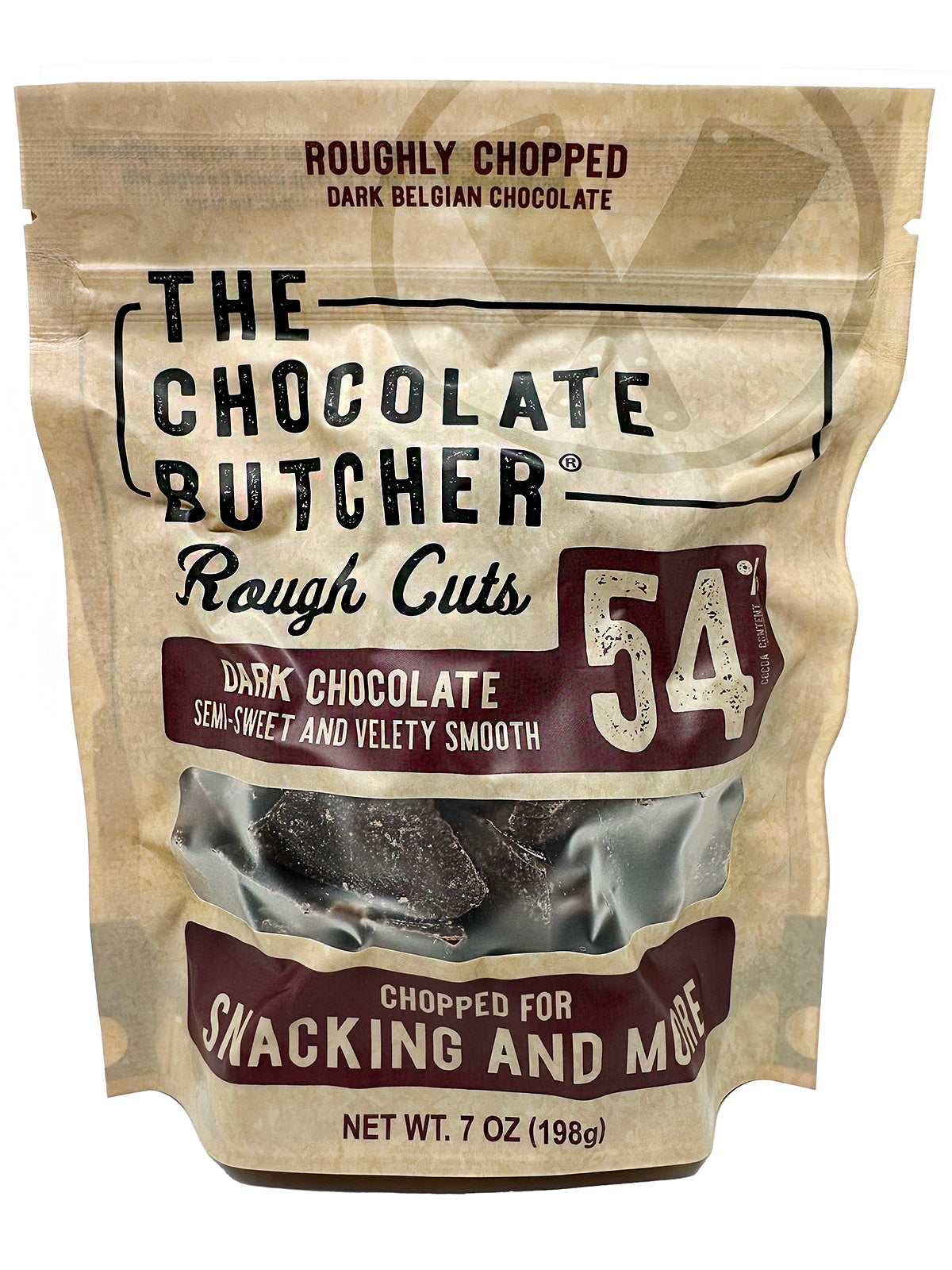 A 7 oz bag of The Chocolate Butcher Belgian Chocolate — Roughly Chopped 54% Dark Chocolate, with visible pieces perfect for snacking or melting in recipes.