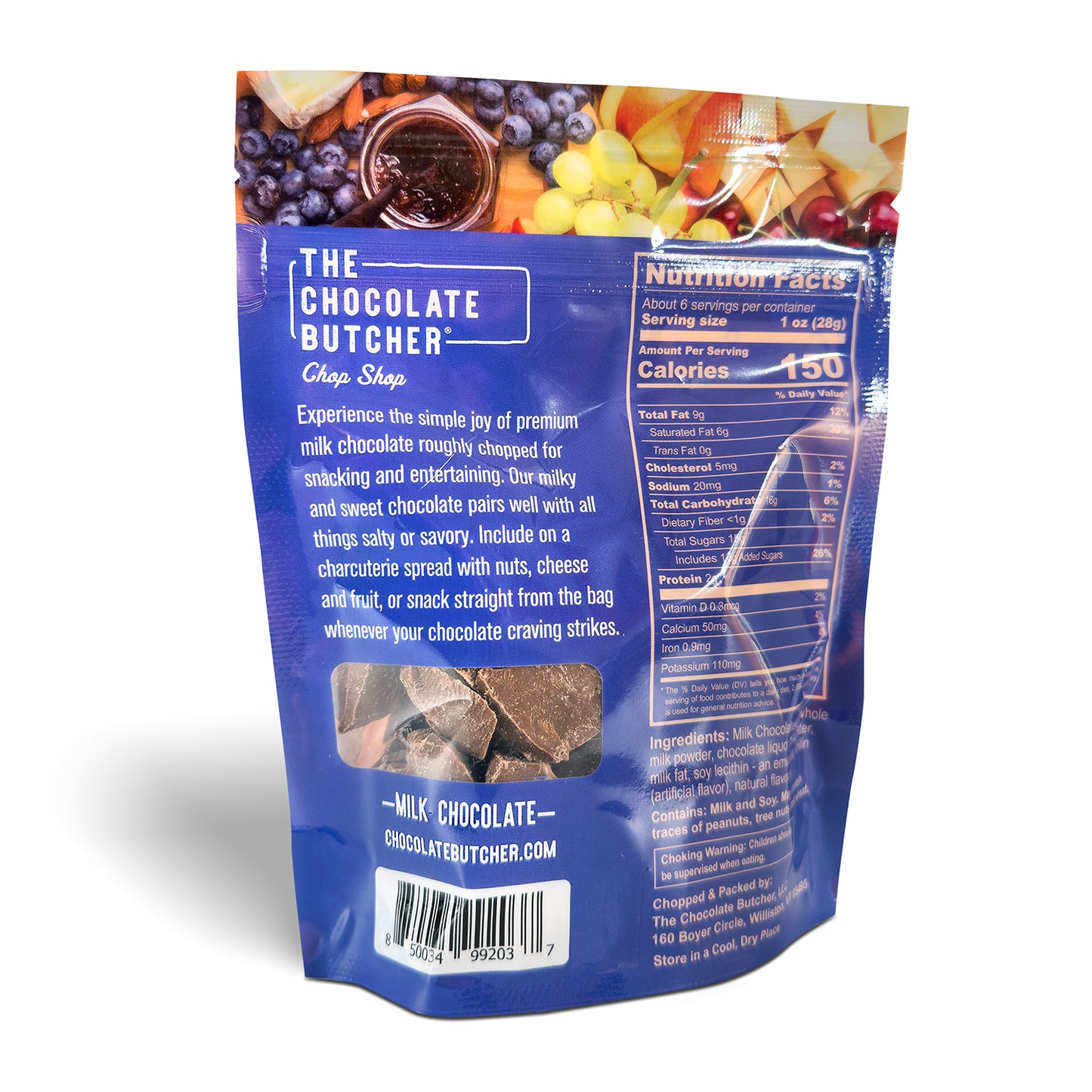 Back of a blue The Chocolate Butcher Milk Chocolate — Roughly Chopped bag, featuring nutrition facts, product description, barcode, and images of fruits, nuts, and cheese—ideal for a creamy dessert board.