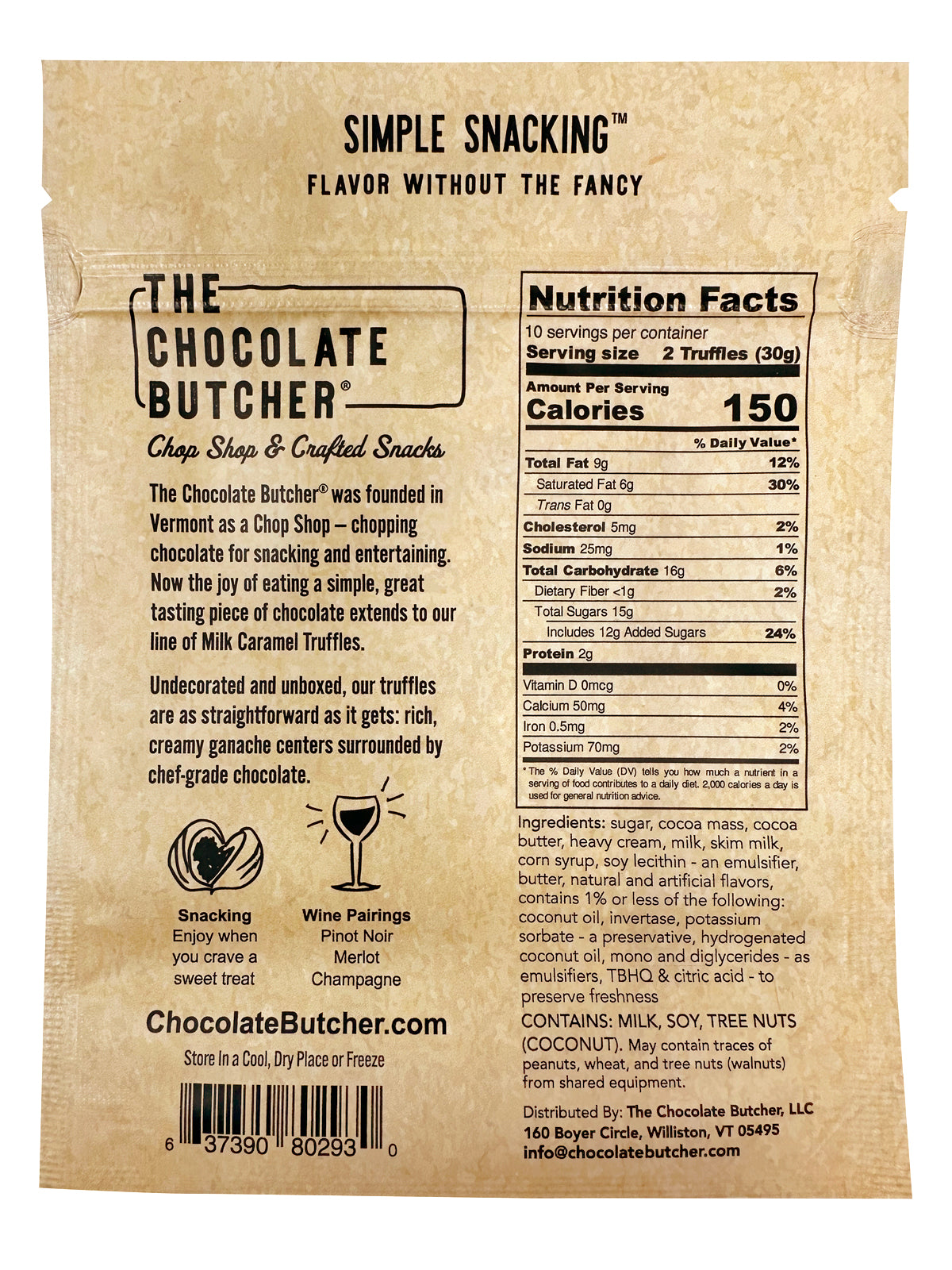 Back of a beige The Chocolate Butcher Milk Chocolate Caramel Truffles package showing nutrition facts, product story, storage directions, website, and snack/wine pairing icons. Black text is printed on the packaging.