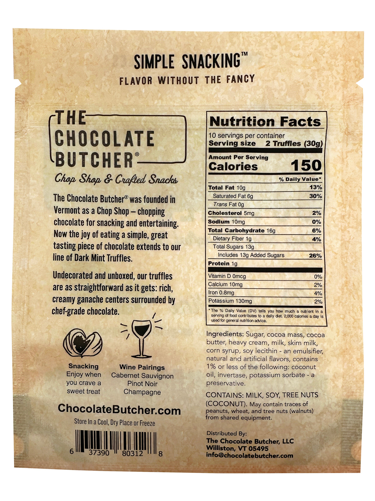 Back of The Chocolate Butcher Dark Chocolate Mint Truffles package featuring nutrition facts, product description, pairing ideas, and contact info. Creamy ganache details are shown on a tan background with black text.