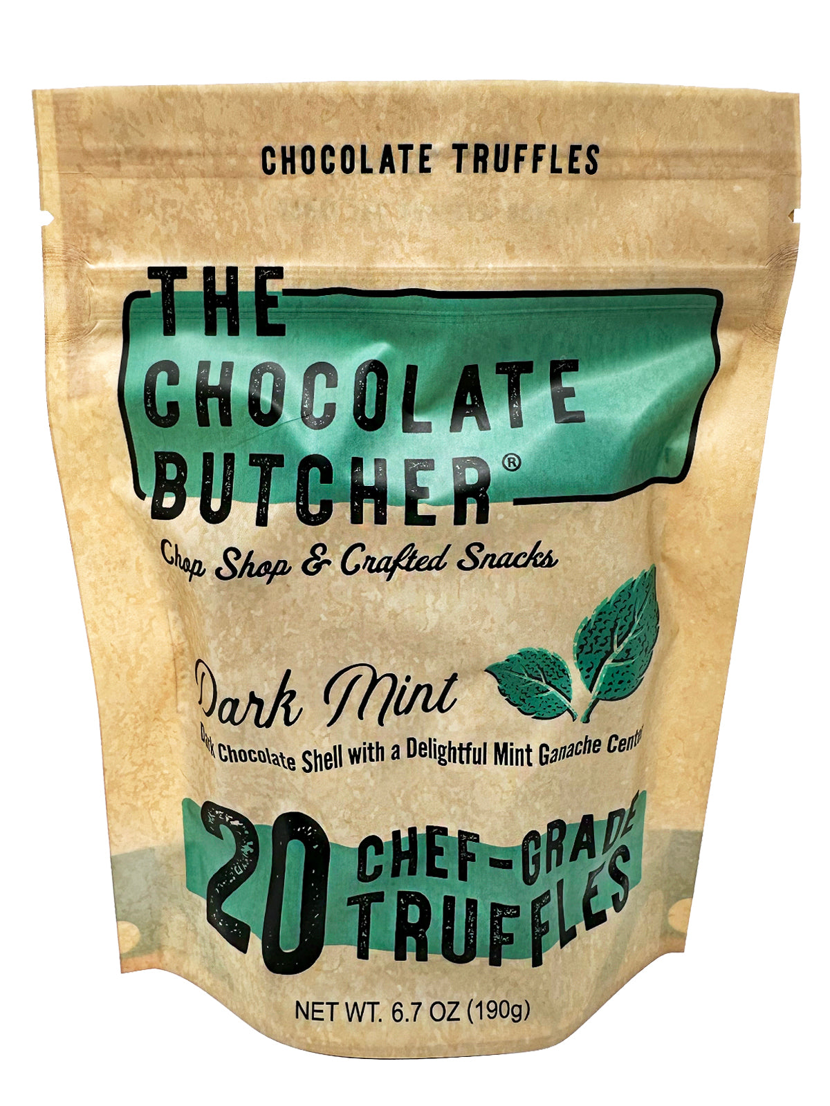 A tan and green resealable pouch from The Chocolate Butcher labeled Dark Chocolate Mint Truffles holds 20 chef-grade truffles with a creamy mint ganache center, mint leaf illustrations, and a net weight of 6.7 oz (190g).