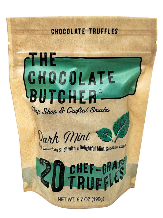 A tan and green resealable pouch from The Chocolate Butcher labeled Dark Chocolate Mint Truffles holds 20 chef-grade truffles with a creamy mint ganache center, mint leaf illustrations, and a net weight of 6.7 oz (190g).