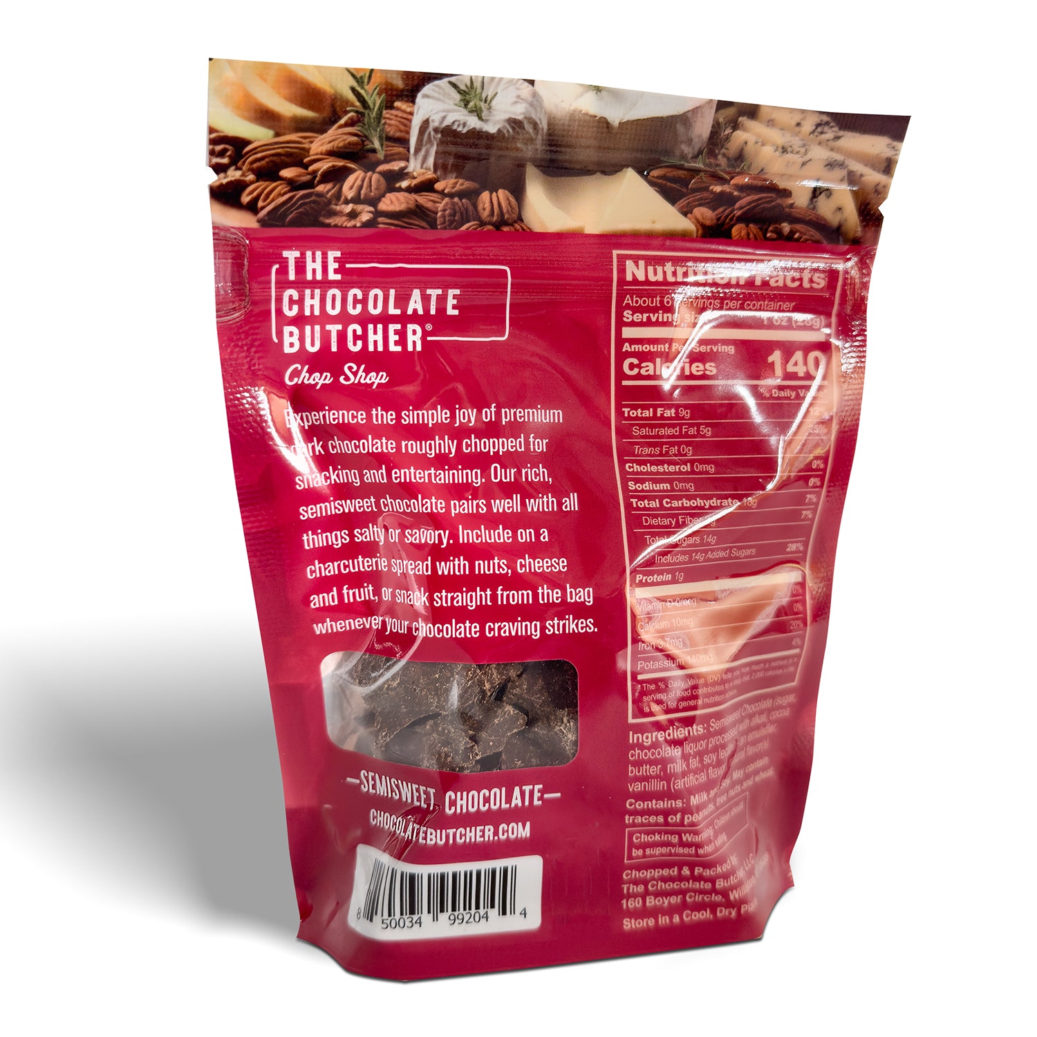 A stand-up pouch labeled The Chocolate Butcher SemiSweet Dark Chocolate — Roughly Chopped features a rich, fudge-like flavor. The back displays the product description, nutrition facts, ingredients, and a clear window revealing the chocolate inside.