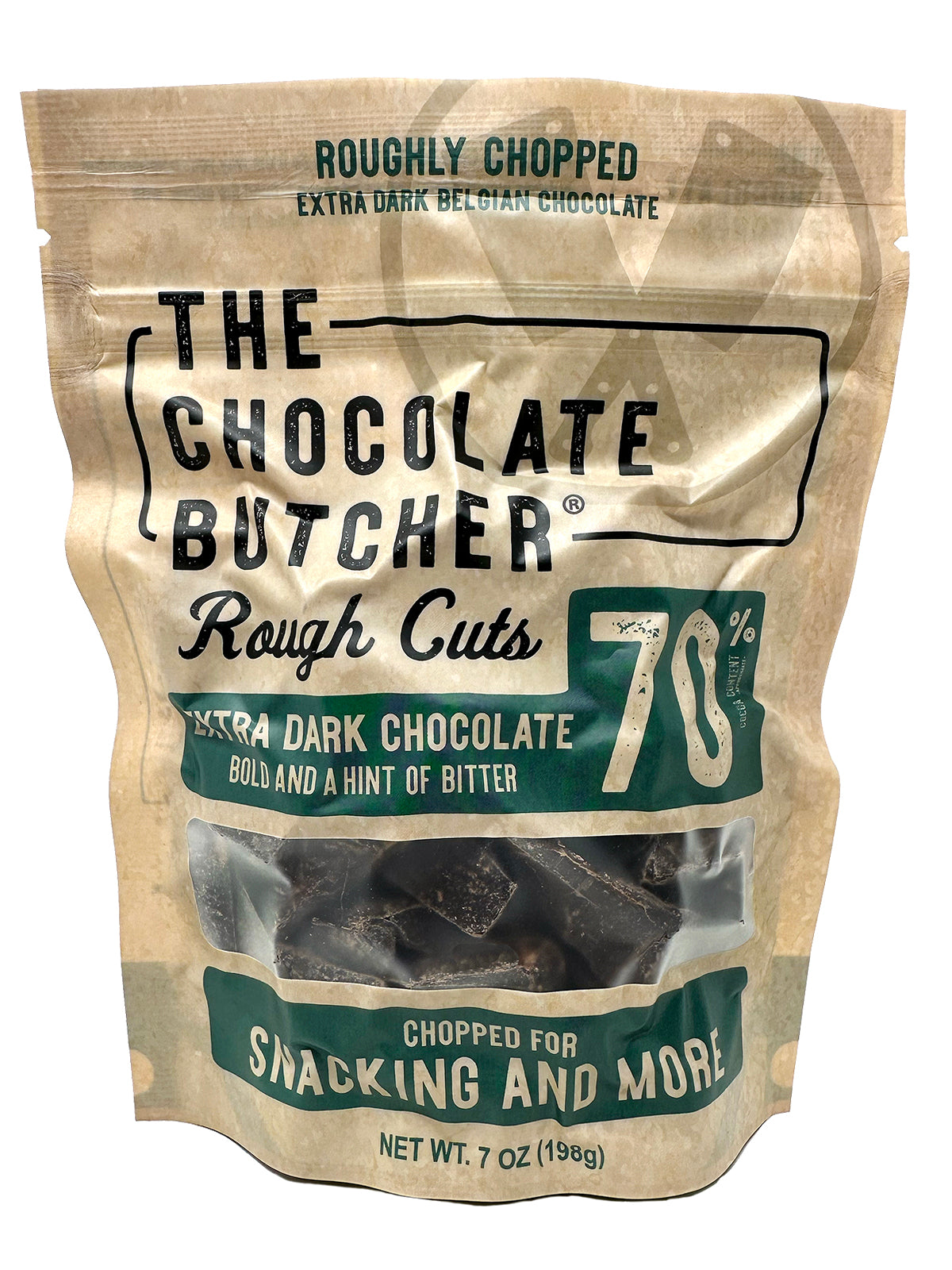 The Chocolate Butcher Belgian Chocolate — Roughly Chopped 70% Extra Dark Chocolate comes in a tan and clear 7 oz (198g) bag, showcasing rich Belgian pieces for snacking, melting, and more.
